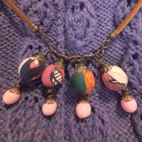 Boho Necklace With Fabric Covered Beads - Picture 1 of 6